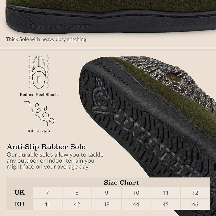 Чоловічі халапи DUNLOP з флісовою підкладкою Sherpa та піною Memory Foam, неслизькі тапочки для дому, 42 EU, хакі