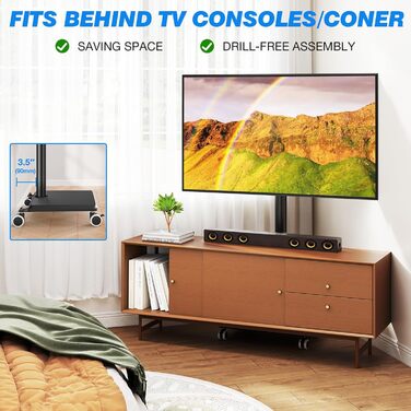 Мобільна підставка для телевізора з поличкою 27-60 дюймів, чорна. Регульована висота, поворотний механізм, VESA 400x400, до 40 кг