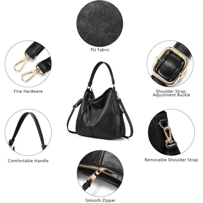 Жіноча сумка-шопер Reaer середнього розміру, чорна PU шкіра, сумка через плече, вінтажна Hobo Bag для роботи, офісу та покупок (L, Чорний)