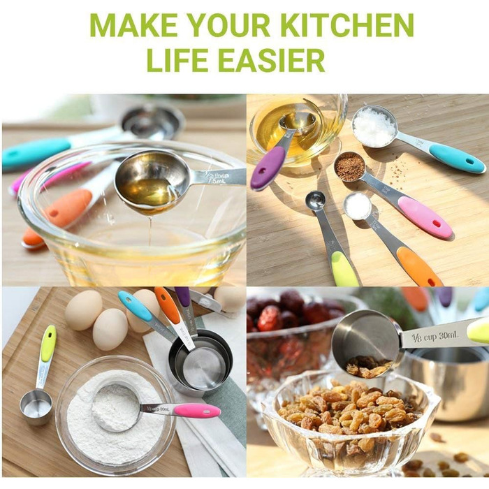 Набір мірних ложок Xingxinrong з нержавіючої сталі (5 мірних ложок + 1 ложка) з силіконовою ручкою, з гравіюванням шкали (US та міжнародна), придатний для миття в посудомийній машині, для приготування та випічки, кухонний аксесуар