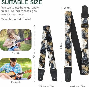 Японський гітарний ремінь Nefelibata з бавовни для акустичної гітари, укулеле, адаптер для голівки грифа в подарунок, медіатор та замок для ремінця. Регулювання від 38' до 64'. Дизайн: Хризантеми