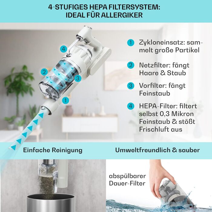 Бездротовий акумуляторний пилосос Klarstein без мішка з 4-ступеневим фільтром E12 EPA для шерсті тварин, килима та твердих підлог, ручний без мішка з насадкою для підлоги 180°