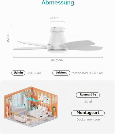 Стельовий вентилятор з LED-освітленням 106 см, 5 реверсивних лопатей, DC-мотор, дистанційне керування та APP, димований світловий потік, таймер 1/4/8 год, білий