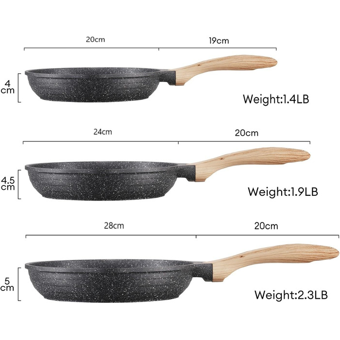 Набір сковорідок JEETEE 6 шт. з кришкою: 20см, 24см, 28см. Підходить для індукційних плит, з антипригарним покриттям, з кованого алюмінію, PFOA-free (сірий)