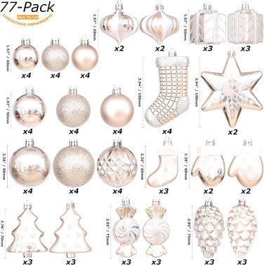 Набір прикрас для ялинки Sea Team 77 шт., міцні кулі, новорічні орнаменти, з подарунковою упаковкою (шампань)