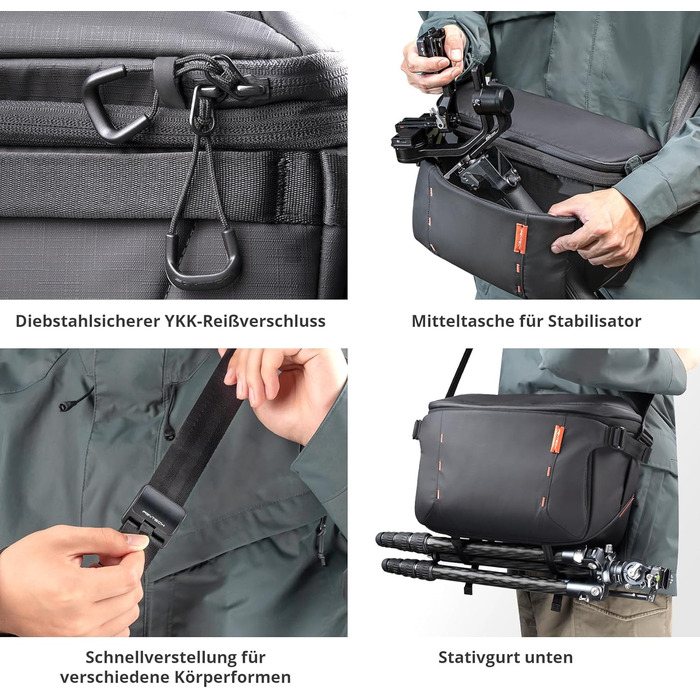 PGYTECH OneMo Sling Camera Bag 7L-9L: Водонепроникна фотосумка на плече для Sony, Canon, Nikon, DJI Mini 4 Pro, Avata 2, Mavic, зі штативом та ноутбуком, чорна