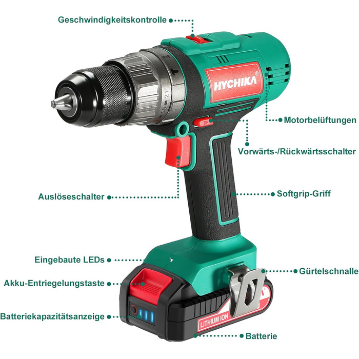 Акумуляторний шурупокрут HYCHIKA 18V, 45 Nm, 2.0 Ah, 27 предметів, 21+3 ступені, 2 швидкості, для свердління та закручування