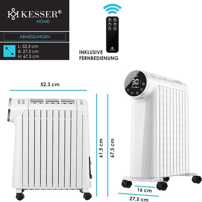 KESSER® Oil Radiator 2500W Electric Heater Radiator Electric Heating System Energy-Saving with Display WiFi App & Remote Control Touchscreen - Mobile Oil Radiator 24h Timer, Thermostat & Overheat Protection White