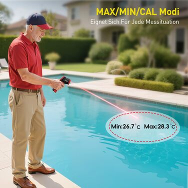 Інфрачервоний термометр Eventek -50°C до 600°C з лазером та LCD дисплеєм. Безконтактний термометр для піци, гриля, приготування їжі та промисловості. Регульований коефіцієнт випромінювання (Не для людей). Червоний з термометром для м'яса 304.