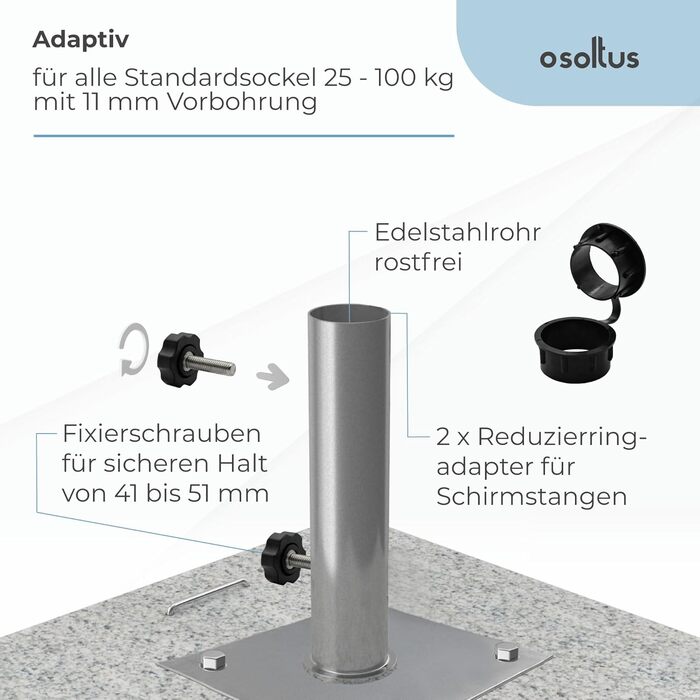 Stainless steel standpipe | Umbrella stand for granite/concrete base 41-51 mm | 4 drill holes