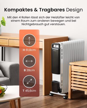Pro Breeze 2500W Oil Radiator with 11 Fins, Electric Heater - Energy-Saving Oil Radiator, 3 Heating Levels, Adjustable Thermostat, 24h Timer, Touch Display & Safety Shut-Off Function White - No App