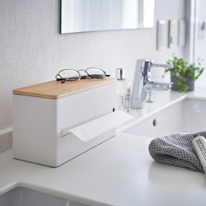 Yamazaki 4766 RIN Double-Sided Tissue Box, white, steel/plywood, minimalist, 26 x 11 x 14 cm