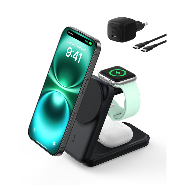 Бездротова зарядна станція Belkin UltraCharge 3-in-1 з підтримкою Qi2, 25 Вт, чорна