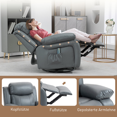 HOMCOM electric TV recliner chair with massage function, 360° swivel, featuring 8 vibration motors, rocking function, faux leather, 93L x 90W x 101H cm, Grey | Aosom