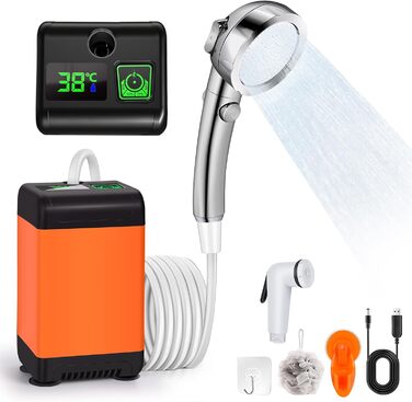 Portable Camping Shower, 6000mAh Camping Shower Battery with Pump and Temperature Gauge, Portable Camping Shower Outdoor with Shower Head and 2m Hose for Garden, Travel, Car Washing, and Pet Use