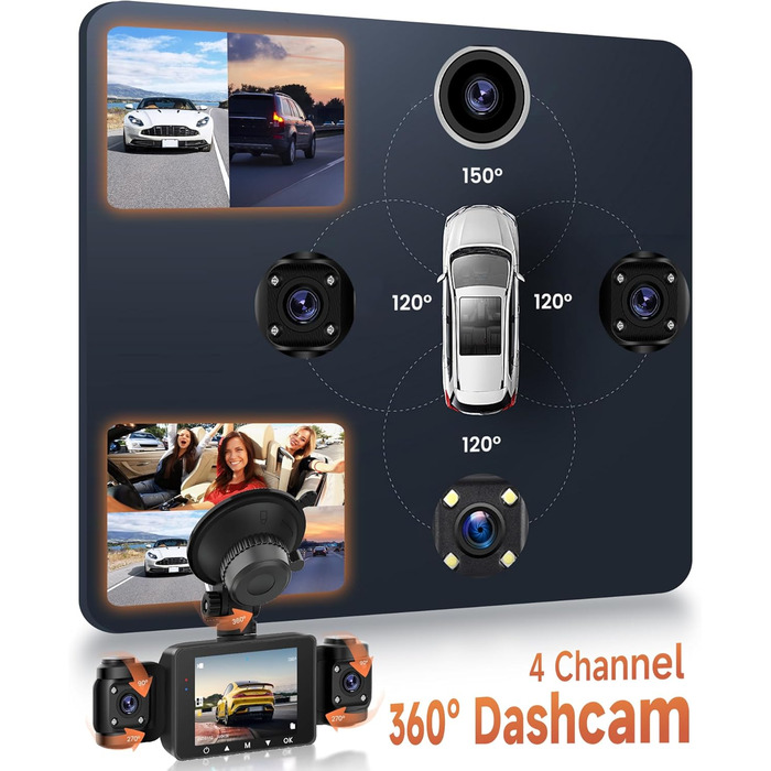 Автомобільна відеореєстратор (Dashcam) 4 Канали 360° з 4 камерами FHD 1080P (передня, задня, ліва, права), 2.4