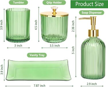 Haturi Bathroom Accessory Set, 4-Piece, Glass Bathroom Accessory Set, complete with lotion soap dispenser, toothbrush holder, apothecary jar, vanity tray, bathroom decor, gift for (Green)