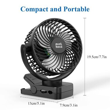 USB вентилятор настільний Minthouz тихий з акумулятором 12000mAh, портативний, з пульт, світло, таймер, 360° обертання, 3 режими, 45 годин роботи – для кемпінгу, офісу, дитячої коляски