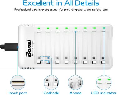 Зарядний пристрій BONAI для акумуляторів AA/AAA NI-MH з LED дисплеєм та USB, 8 слотів, швидка зарядка