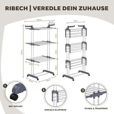Сушарка для білизни Tower на коліщатках: 4-ярусна, з нержавіючої сталі, з 6 відкидними крилами та 2 боковими сторонами для обертання | 76x50x172 см | Компактна, складна, для балкону, ванної кімнати та саду | (Сірий)