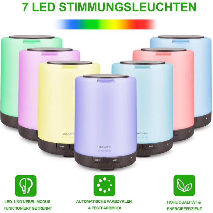 Ароматичний дифузор з ефірними оліями, ультразвуковий, 300 мл, 7 кольорів LED, для дому, офісу, йоги, спа (колір: коричневий/чорний)