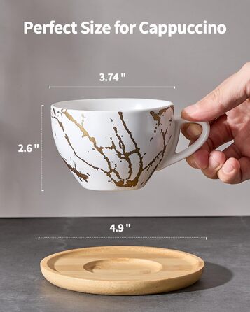 Набір керамічних чашок капучино HOME DECOR 4 шт., 220 мл, з металевим підставкою. Підходить для капучино, лате, американо та чаю. Чорний та білий дизайн.