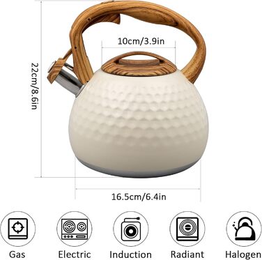 Чайник для плити, 3 л, нержавіюча сталь, з ручкою з деревом, чайник-свисток для індукційних, газових та електричних плит (білий)