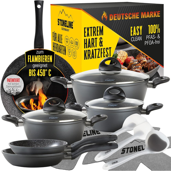 STONELINE Ceramic Cookware Set, 14-Piece, 18/20/24 cm Pots and Pans, PFAS-Free, Cookware Set with Lids, Ceramic Coating with Real Stone Particles, Grey, 14-Piece