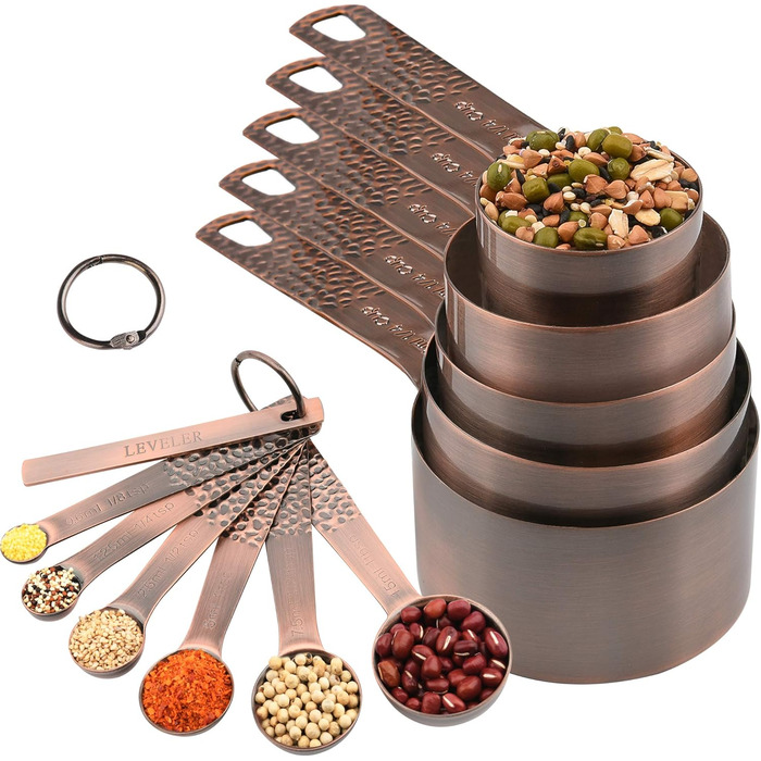 Zoyizi Measuring Cup and Spoon Set, 12-Piece, Copper Measuring Cups and Spoons for Kitchen and Baking, Dry and Liquid Metal Measuring Cups, Cute Metric 5 Measuring Cups, 6 Spoons, and 1 Leveler