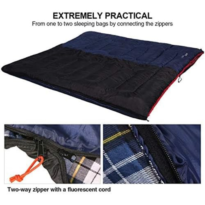 REDCAMP XL Cotton Sleeping Bag - Warm, Detachable Hood, Flannel Comfort, 3-4 Season - Ideal for Adults & Kids, Camping, Fishing, Outdoor Use - Blue (2lbs/3lbs Fill)