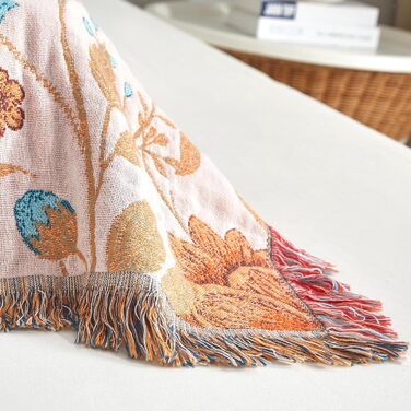 Богемна ковдра Boho з 100% бавовни, м'яка двостороння муслінова ковдра 150x200 см, плед для дивану та ліжка, декоративна patchwork ковдра, літня ковдра для вітальні, зелено-бежева (200 x 230 см, Blumentanz)