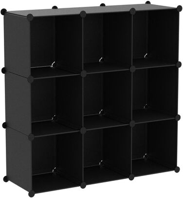C&AHOME UPCS09M Cube Storage Organizer, 9-Cube Shelves, Closet Cabinet, DIY, Plastic, Modular Bookshelf, Ideal for Bedroom, Living Room, Opaque (Black)