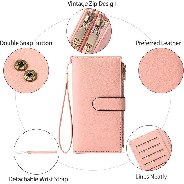 GOIACII Wallet for Women, Leather Wallet for Women, RFID Blocking Large and Long Wallet for Women with Multiple Card Slots, Removable Wrist Strap