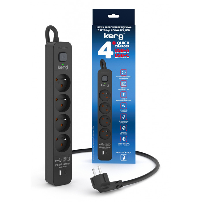 Мережний фільтр Kerg 3м, 4 розетки, USB-A + USB-C