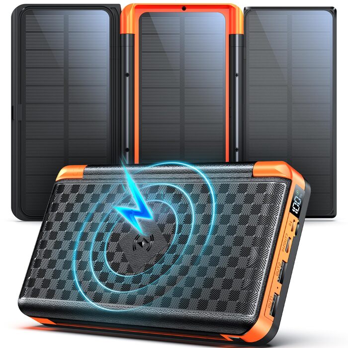 Портативний зарядний пристрій 63200mAh з сонячною панеллю: Power Bank з 3 сонячними панелями, 22.5W USB-C, швидка зарядка, SOS ліхтарик, цифровий дисплей, для кемпінгу, чорно-оранжевий