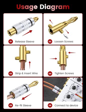 MOSWAG Бананові конектори для акустичних кабелів 4 шт. (2 пари), 24K позолота, для акустичних систем, AV-ресиверів, домашнього кінотеатру (підходить для кабелів діаметром до 4.5 мм)