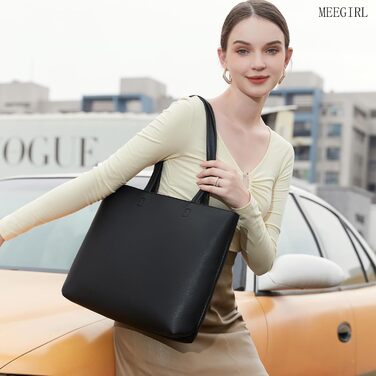 Сумка жіноча шоппер Tote Bag з PU шкіри, чорна: для роботи, школи, покупок, з блискавкою та внутрішніми кишенями