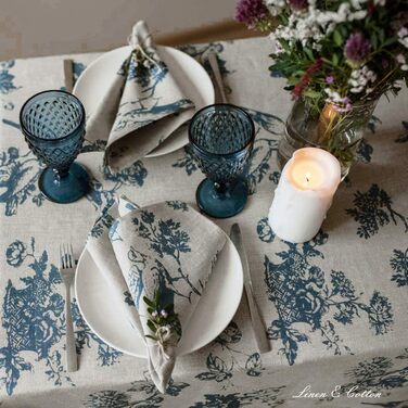 Linen & Cotton High-Quality Vintage 4 x Fabric Napkins Napkins Linen Napkins Flores with Floral Pattern - 100% Linen, Beige Blue (43 x 43 cm) for Home Kitchen Dining Room Decoration