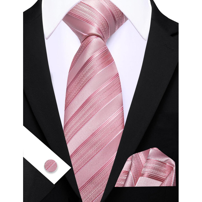 Краватка з хустинкою та запонками Barry.Wang для ділового стилю, набір у смужку та клітинку, для свят та весілля (рожеві смуги)