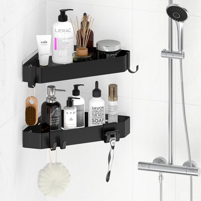 Поличка для душу без свердління, кутова, з металу, 2 шт. Двоярусний кутовий органайзер для душу з 4 гачками, чорний набір