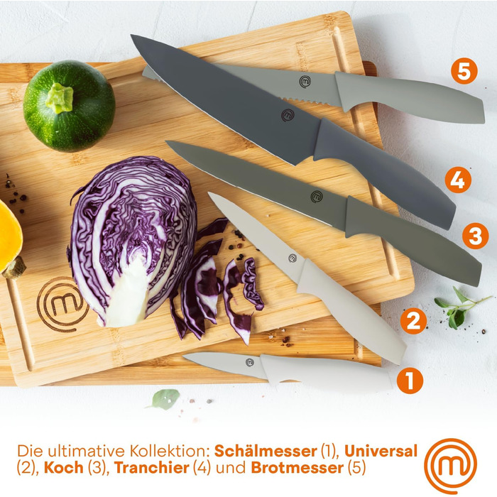 MasterChef 5-Piece Knife Block Set - Stainless Steel Kitchen Knife Set with Chef's Knife, Santoku, Bread Knife, Utility Knife & Vegetable Knife - Sharp, Black Soft-Touch Handles