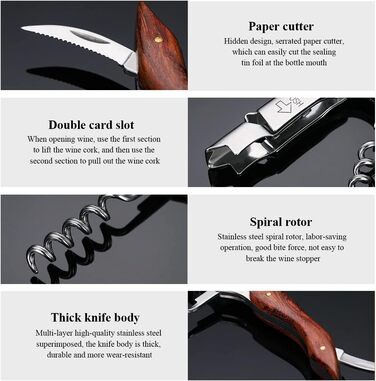 Kyraton Відкривачка для вина 3-в-1 з різаком для фольги, нержавіюча сталь, дерев'яний грифель, професійна для барів та ресторанів, набір (1 шт.)