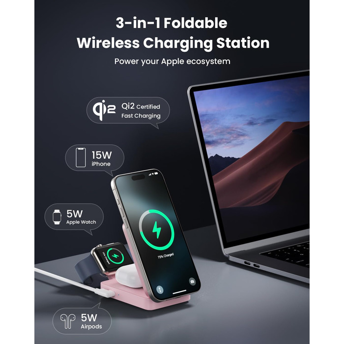 3-в-1 Бездротовий зарядний пристрій, індукційна станція Qi2, MagSafe, для iPhone 16/15/14/13/12, Apple Watch, AirPods, білий (рожевий)