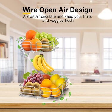 Металева фруктова корзина Bomclap на 2 яруси з підставкою для бананів - кухонна фруктова миска, знімна, декоративна, срібна