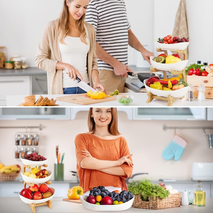 Керамічна етажерка для фруктів Diealles з 3 ярусами, бамбуковий підставник, для сім'ї, стабільна, сумісна з овочами та снеками