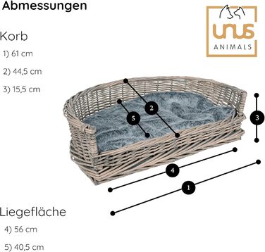 Ліжко для собак і котів UNUS з плетеної лози з подушкою, сіре, 61 x 44,5 x 15,5 см