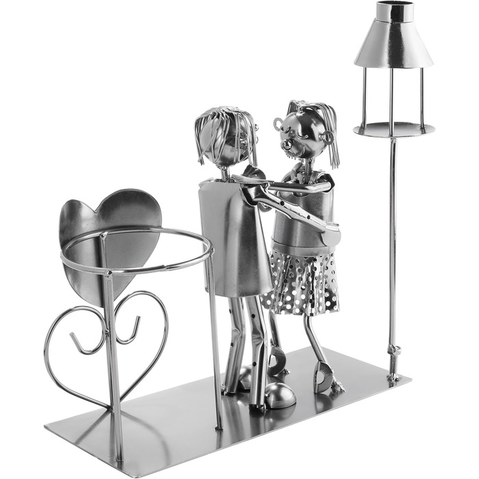 BRUBAKER Wine Bottle Holder, Loving Couple with Lantern for Tealight - Metal Sculpture Bottle Stand - 26.5 cm - Wine Gift for Couples, Pair Gift - with Greeting Card