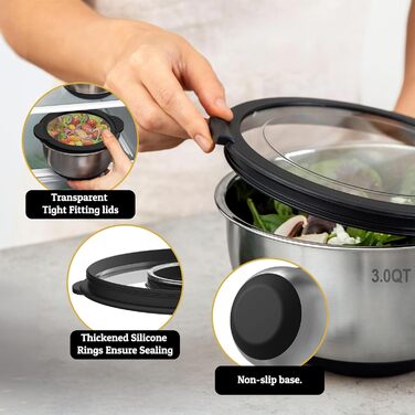 Набір мисок Deedro з прозорим кришками (5 шт.) – 4.7L/2.8L/1.9L/1.4L/0.63L | Миски для перемішування, салатники, набір мисок | Нековзні, складані, придатні для миття в посудомийній машині | Включено тертку (Чорний)