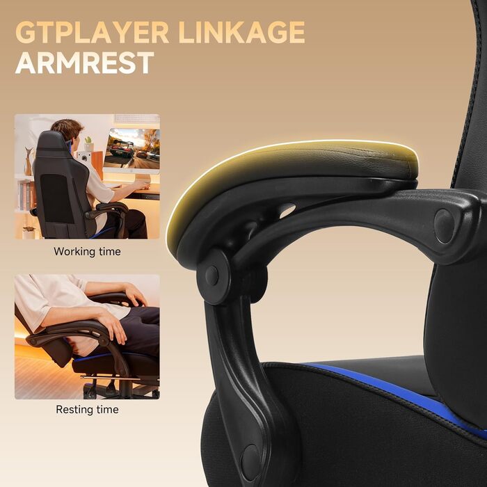 Геймерське крісло GTPLAYER з підставкою для ніг та регульованою спинкою, блакитне, до 150 кг