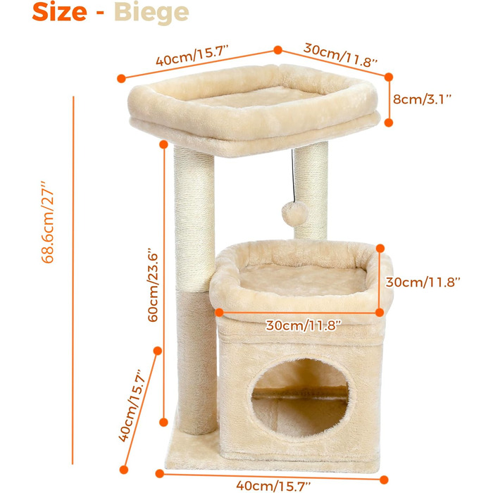 PAWZ Road Cat Tree, Multi-Tier Cat Tower with Sisal-Covered Scratching Post, Cozy Cat Condo & Large Cat Perch for House Cats, Beige